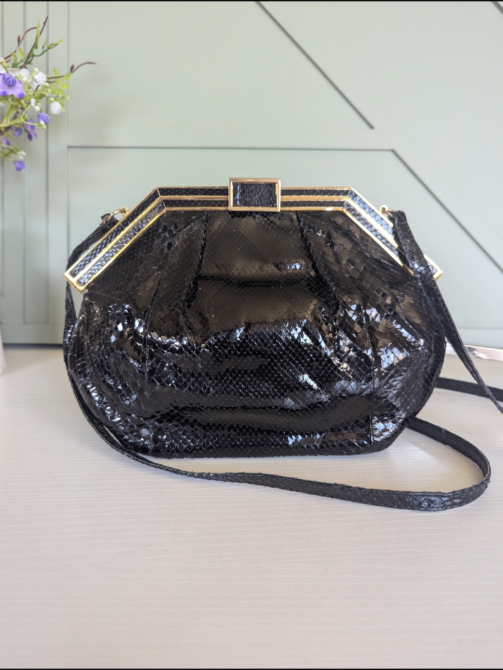 Black Patent Snakeskin Crossbody Bag with Gold Frame